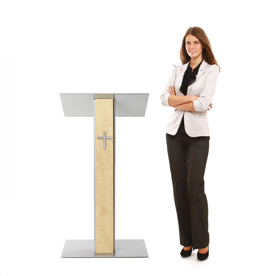 Y5 lectern / podium from Urbann Products - Natural wood - side view - with woman
