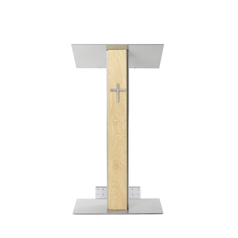 Y5 lectern / podium from Urbann Products - Natural wood - with wheels front view - with cross