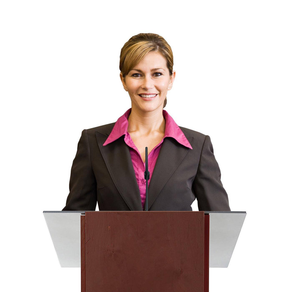 Woman behind a K2 lectern Full Mahogany / wooden podium from Urbann Products
