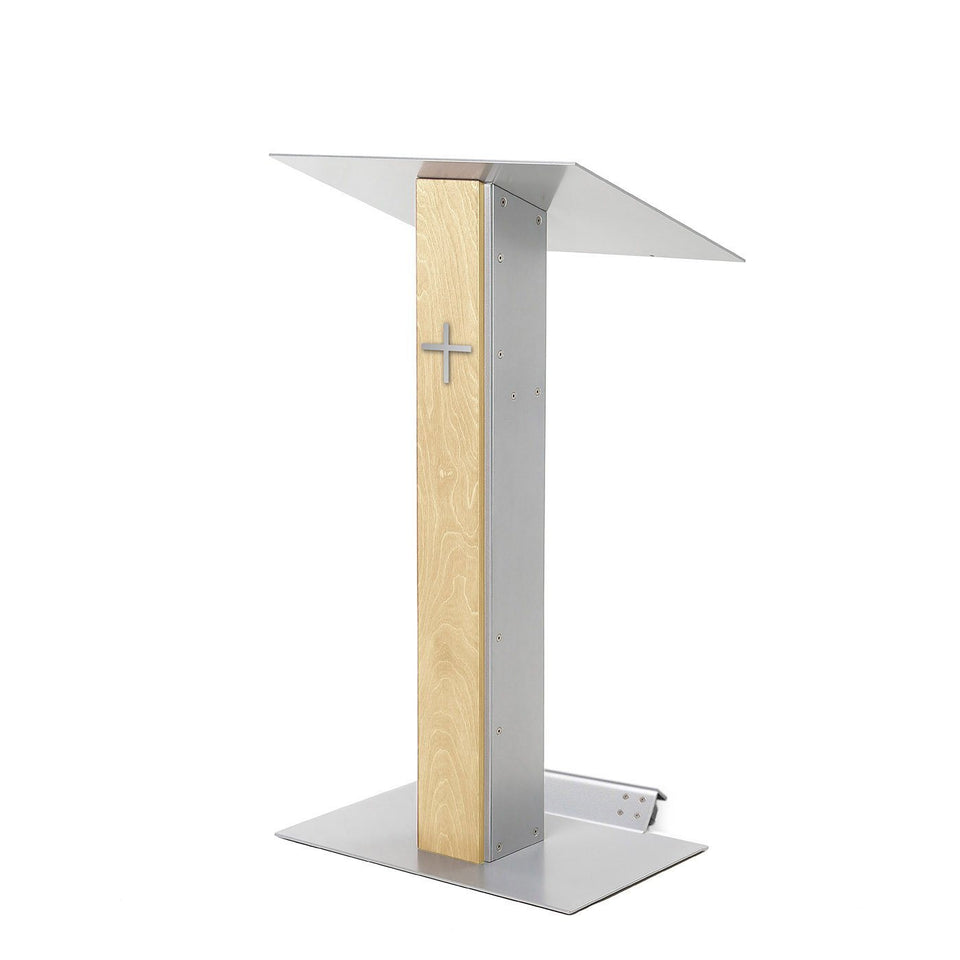 Y5 lectern / podium from Urbann Products - Natural wood - with wheels side view - with cross